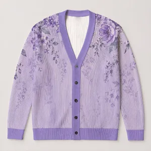 Lavender Floral Layering Style for Relaxed Everyday Outfits and Spring Weekend Wear All-over Print Knitted Cardigan