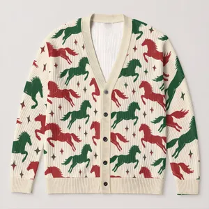 Red And Green Galloping Horses For Festive Equestrian Layering, Horse-Loving Women All-over Print Knitted Cardigan