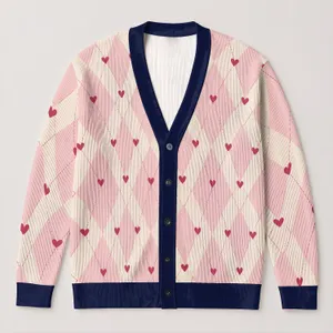 Pink Heart Argyle Valentine Style For Women, Campus Commutes And Casual Weekend Outings All-over Print Knitted Cardigan
