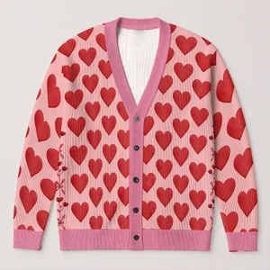 Red Heart Motif Valentine Layering Style for Women, Romantic Autumn Weekend Wear Looks All-over Print Knitted Cardigan
