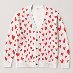 Women's Red Heart Motifs For Valentine's Day Cozy Layering, Casual Romance, And Gifting All-over Print Knitted Cardigan
