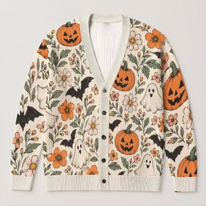 Halloween Pumpkins Bats And Ghosts For Autumn Layering Women’s Festive Casual Wear All-over Print Knitted Cardigan