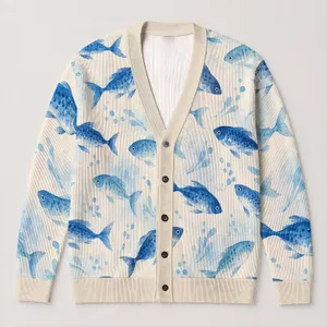 Blue Watercolor Fish For Coastal Office Layers And Relaxed Autumn Commuting For Women All-over Print Knitted Cardigan