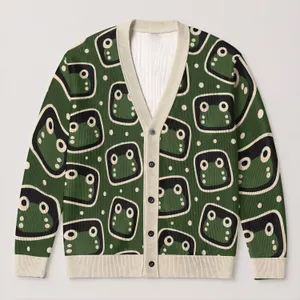 Green Frog Face Motifs for Casual Autumn Layering and Playful Youthful Street Style All-over Print Knitted Cardigan
