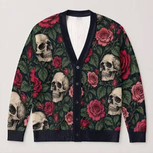 Skull Rose Botanical Motifs for Autumn Layering, Alternative Women's Gothic Style All-over Print Knitted Cardigan