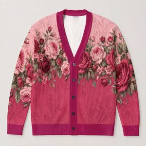 Romantic Pink Rose Border for Autumn Layering and Everyday Women's Weekend Outings All-over Print Knitted Cardigan