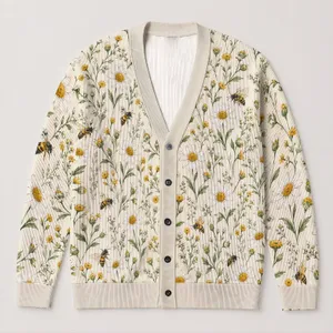 Daisy Bee Meadow Motif for Cottagecore Layering, Garden Walks, and Everyday Spring Style All-over Print Knitted Cardigan