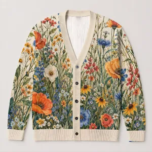 Colorful Wildflower Meadow Botanical Motifs For Relaxed Weekend Layering, Nature Lovers All-over Print Knitted Cardigan