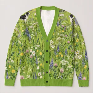 Sheep and Black Dog Meadow Scene for Cozy Countryside Layering Youthful Style All-over Print Knitted Cardigan