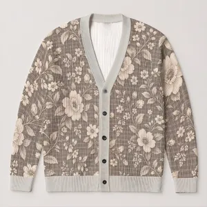 Ivory Botanical Blossoms on Taupe Plaid for Cozy Everyday Layering and Weekend Style All-over Print Knitted Cardigan
