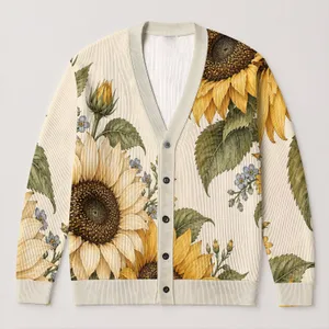 Sunflower Botanical Blooms for Relaxed Autumn Layering and Everyday Cottage Style Wear All-over Print Knitted Cardigan