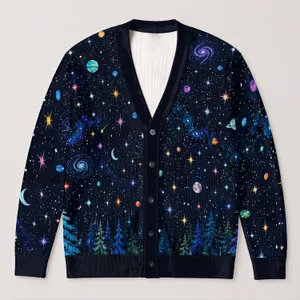 Starry Night Evergreen Forest Holiday Magic For Festive Winter Layering Women All-over Print Knitted Cardigan