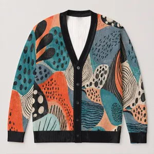 Abstract Coral Teal Organic Shapes for Office Layers and Weekend Street Style Women All-over Print Knitted Cardigan