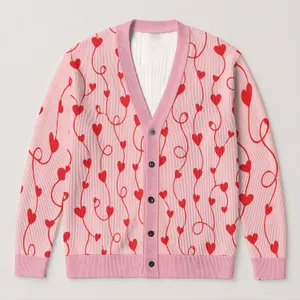 Red Heart Vine Valentine Style for Cozy Autumn Winter Layering and Everyday Wear Looks All-over Print Knitted Cardigan