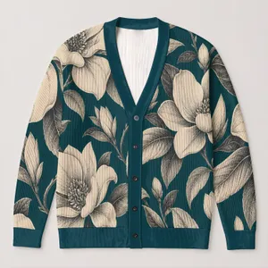Cream Botanical Flowers on Deep Teal for Office to Weekend Layering, Women's Style All-over Print Knitted Cardigan