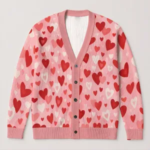 Red White Heart Valentine Motif for Romantic Everyday Layering, Women's Sweet Style All-over Print Knitted Cardigan