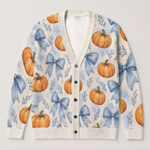 Pumpkin And Blue Bow Autumn Style For Halloween Gatherings And Cozy Days For Women All-over Print Knitted Cardigan