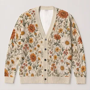 Rust Wildflower Meadow Motifs for Relaxed Everyday Layering, Women’s Botanical Style All-over Print Knitted Cardigan