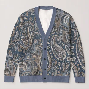 Blue Gray Paisley Florals for Relaxed Everyday Layering and Youthful Weekend Style All-over Print Knitted Cardigan