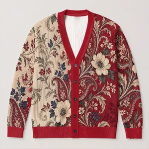 Burgundy Paisley Florals for Relaxed Autumn Layering and Everyday Bohemian Weekend Style All-over Print Knitted Cardigan