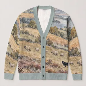 Watercolor Highland Sheep And Black Dog Scene For Cozy Countryside Weekend Layering All-over Print Knitted Cardigan