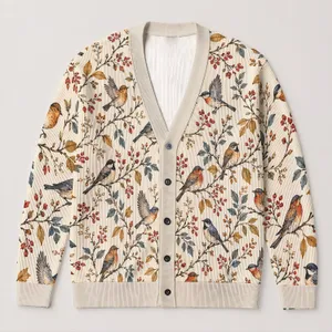 Rustic Birds and Autumn Leaves for Relaxed Everyday Layering, Women’s Countryside Style All-over Print Knitted Cardigan