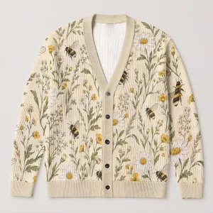 Bumblebee Daisy Meadow Motif for Relaxed Cottagecore Layering and Everyday Style All-over Print Knitted Cardigan