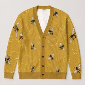 Honey Bees and White Flight Trails for Relaxed Weekend Layering and Garden Strolls All-over Print Knitted Cardigan