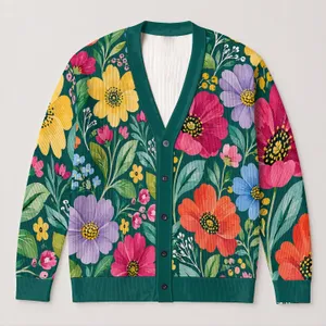 Colorful Botanical Florals for Relaxed Layering, Weekend Strolls, and Creative Women All-over Print Knitted Cardigan