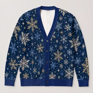 Gold Snowflakes on Midnight Blue for Festive Winter Layering and Holiday Gatherings All-over Print Knitted Cardigan