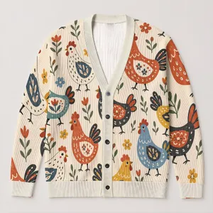 Colorful Folk Chickens For Cheerful Everyday Layering And Weekend Country Style Wear All-over Print Knitted Cardigan