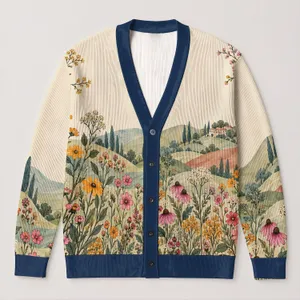 Bohemian Wildflower Meadow with Folk Bands for Vacation Layering, Women's Everyday Style All-over Print Knitted Cardigan