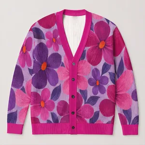 Vibrant Magenta Floral Blooms for Colorful Everyday Layering, Artful Style, and Women All-over Print Knitted Cardigan