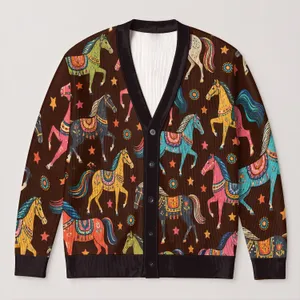 Colorful Folk Horse Motifs for Casual Bohemian Layering and Everyday Women’s Style All-over Print Knitted Cardigan
