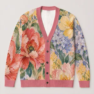 Vintage Impressionist Floral Blooms for Office Casual Fall Layering Women's Wardrobe All-over Print Knitted Cardigan