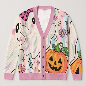 Cute Ghost Pumpkin Halloween Outfit Idea for Cozy Autumn Gatherings and Party Looks All-over Print Knitted Cardigan