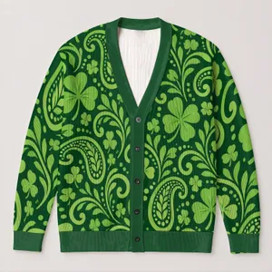 Green Paisley Clover Swirls For St. Patrick’s Day Gatherings And Everyday Women All-over Print Knitted Cardigan