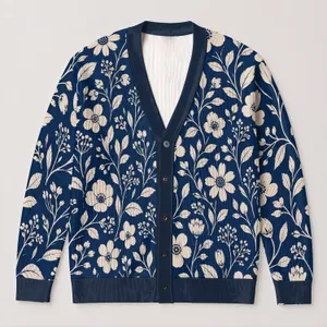 Navy Floral Botanical Motifs for Casual Layering and Everyday Women's Weekend Style All-over Print Knitted Cardigan