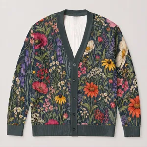 Dense Wildflower Meadow Motifs for Casual Layering and Everyday Women's Wardrobe All-over Print Knitted Cardigan