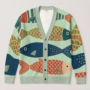 Colorful Fish Motifs for Coastal Everyday Layering, Relaxed Sea Lover Style Outfits All-over Print Knitted Cardigan