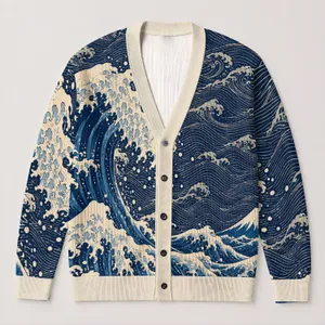 Indigo Ocean Waves With Japanese Coastal Style For Relaxed Everyday Layering Women All-over Print Knitted Cardigan