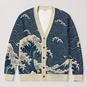 Indigo Ocean Waves and Snowy Peaks for Relaxed Coastal Weekend Layering Outfits All-over Print Knitted Cardigan