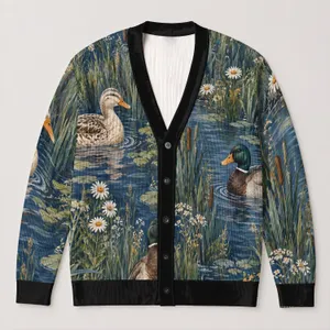 Pond Duck Meadow Scene for Cozy Autumn Layering and Countryside Weekend Wear for Women All-over Print Knitted Cardigan