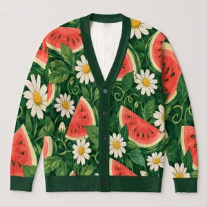 Watermelon Daisy Garden Motifs For Relaxed Summer Outings And Easy Everyday Layering All-over Print Knitted Cardigan