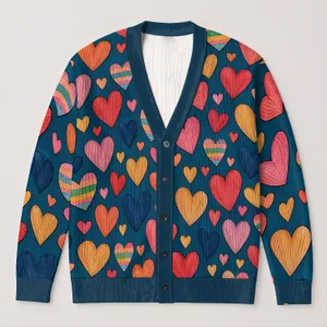 Colorful Heart Motif For Casual Autumn Layering, Youthful Everyday Love Style Outfits All-over Print Knitted Cardigan