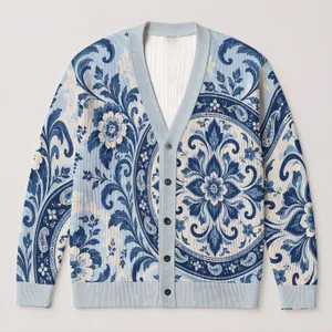 Navy Ornamental Medallion for Relaxed Spring Layering and Effortless Bohemian Style All-over Print Knitted Cardigan