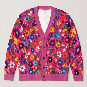 Colorful Floral Blooms for Everyday Layering, Casual Spring Outings for Chic Women All-over Print Knitted Cardigan