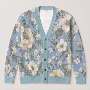 Blue Cream Floral Blooms for Relaxed Layering and Everyday Cottage Style All-over Print Knitted Cardigan