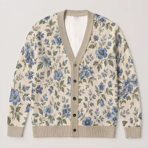 Blue Wildflower Garden for Relaxed Layering, Weekend Outings, and Cottagecore Style All-over Print Knitted Cardigan