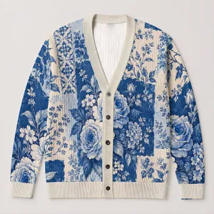 Blue And White Floral Patchwork Blooms For Relaxed Everyday Layering And Cottage Women All-over Print Knitted Cardigan